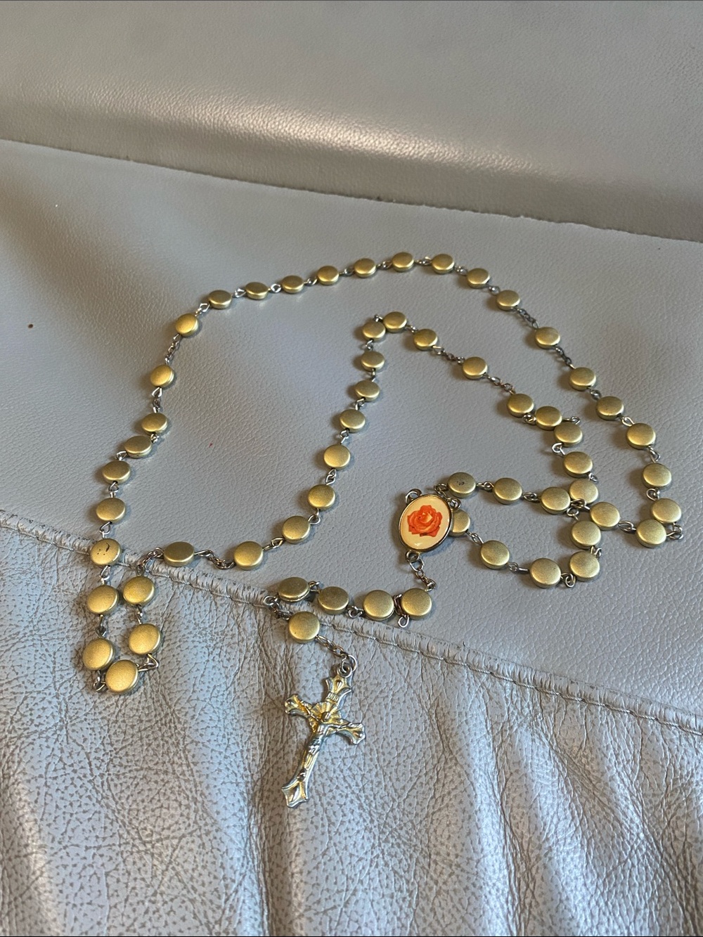Vintage Gold-Tone Rosary Necklace with Orange Rose Center